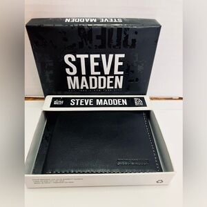 Steve Madden Men’s Black Leather Bifold Wallet RFID Protection New Has Box